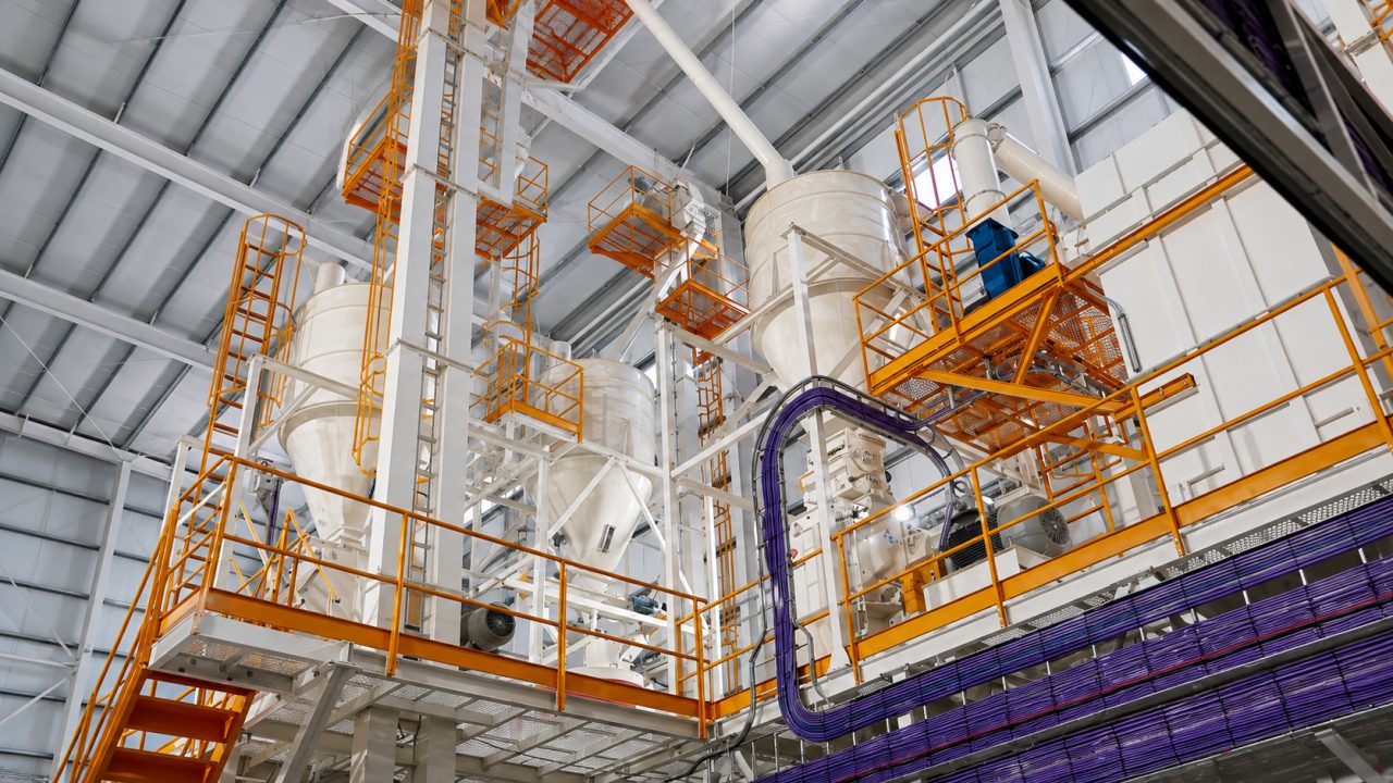 Línea de producción de alimento para acuicultura, con torre de proceso y transporte neumático