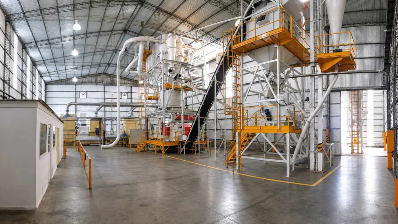 Interior de una planta de alimento balanceado para equinos, con estructura de acceso y ciclón de aspiración