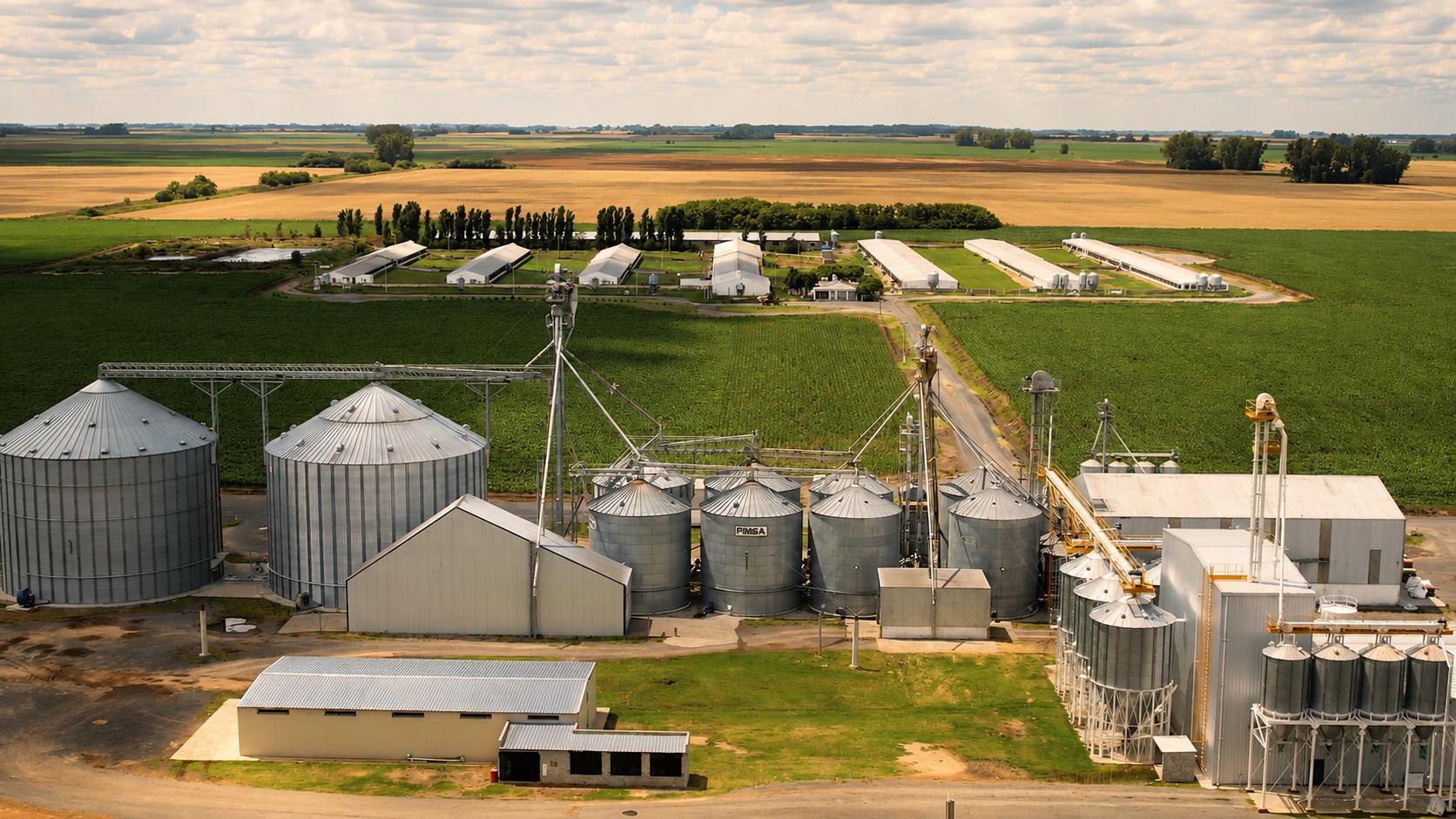Vista aérea de una planta de alimento balanceado construida por Giuliani Hermanos, con silos de acopio y galpones en el campo