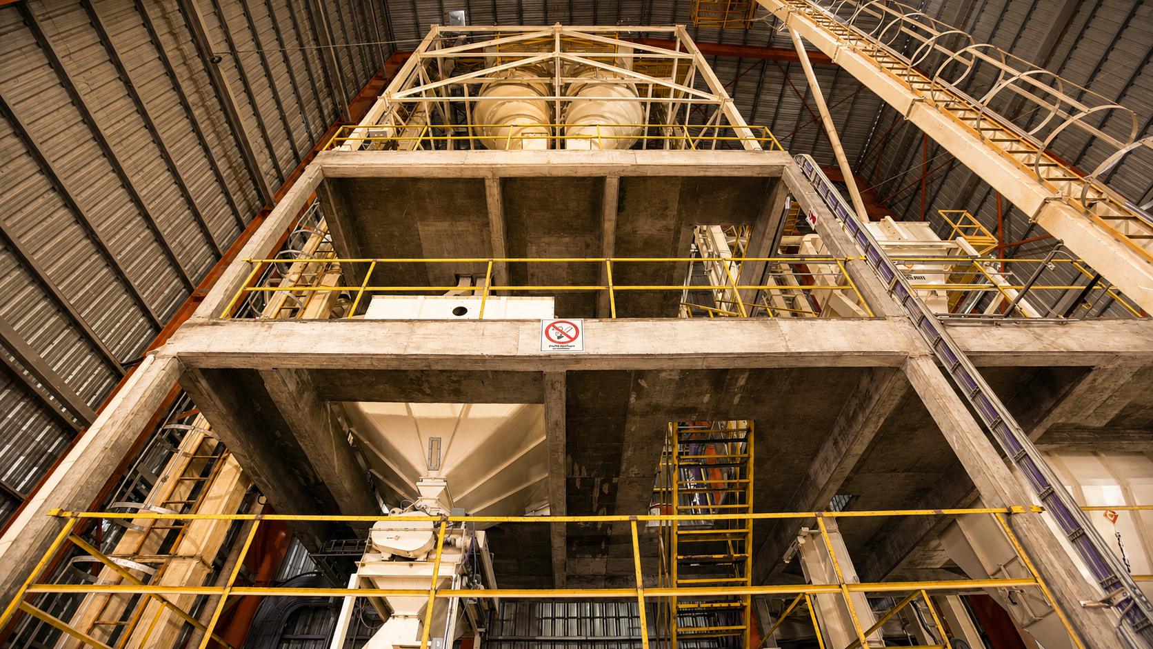 Plataformas, escaleras y pasarelas de una torre de proceso vistas desde abajo