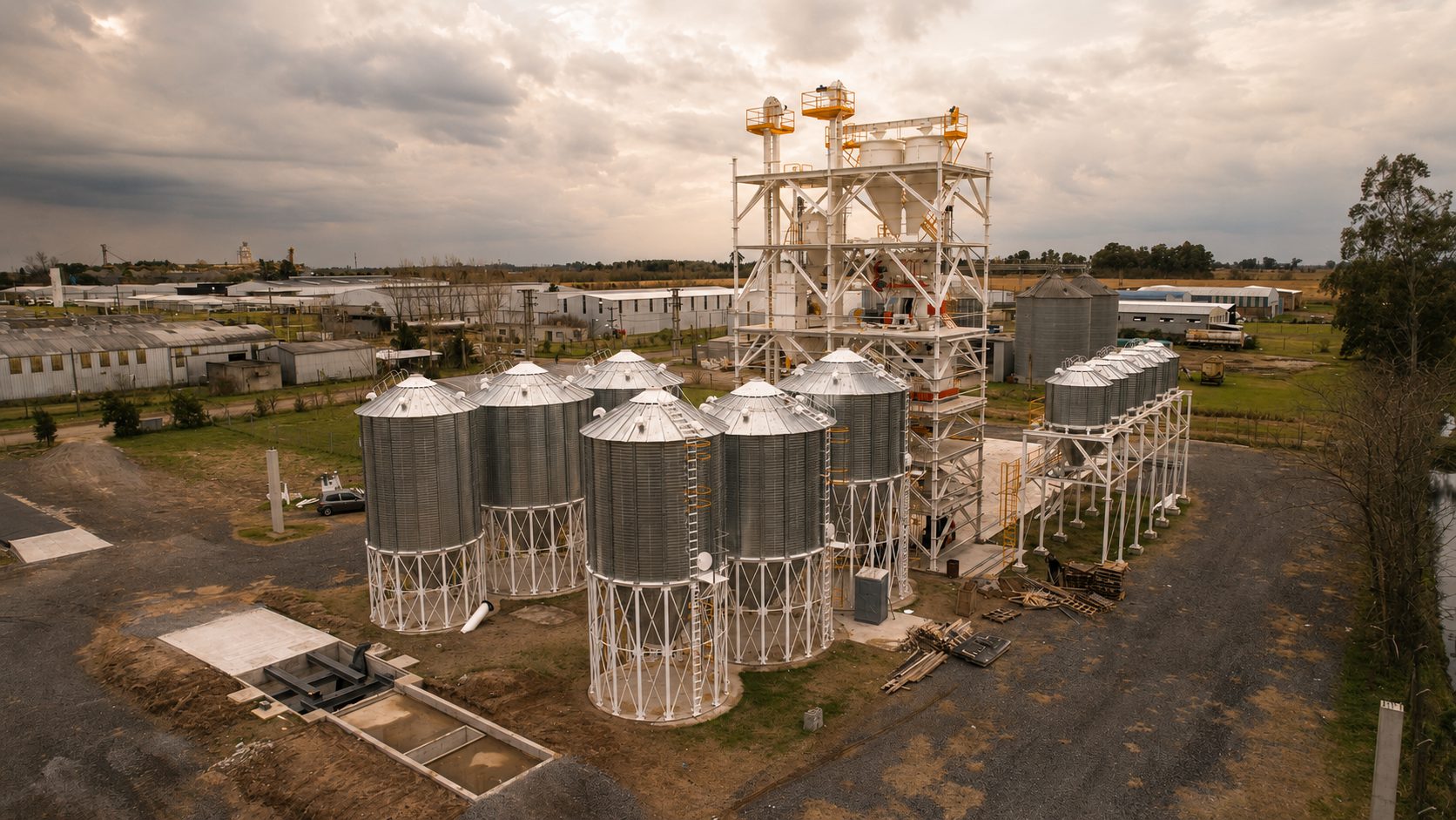 Vista aérea de una planta de alimento balanceado: batería de silos de acopio galvanizados, torre de proceso y galpones